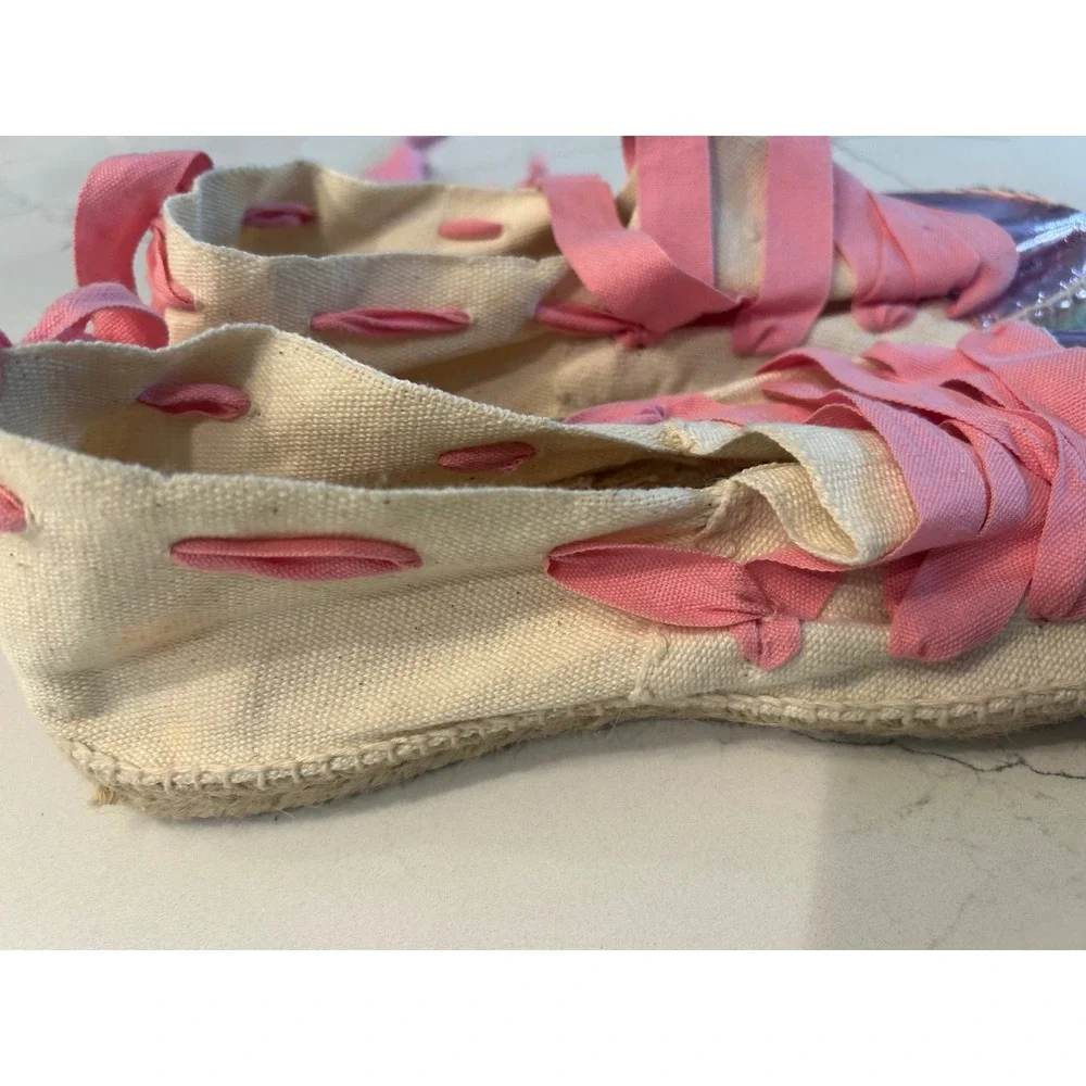 Cousu Main Espadrille Flats Pink Metallic Cap Toe‎ Ribbon Lace Up Shoes 40